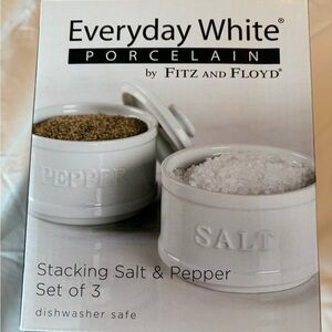 NIB Fitz and Floyd Porcelain Everyday White Stacking 3 piece Salt & Pepper Set